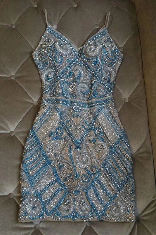 Vestido corto de fiesta con escote en V y cuentas de cristal brillante fg28