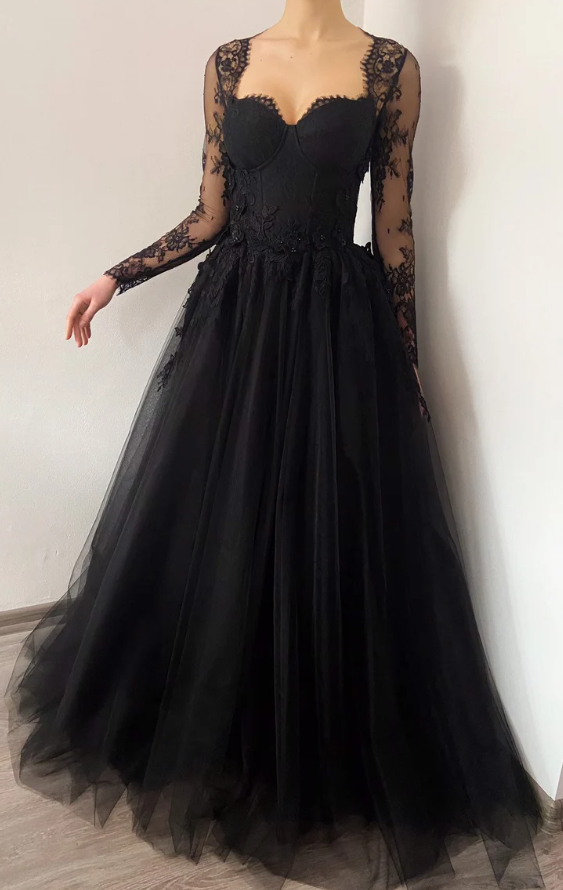 Vestido de novia negro con encaje 3D y flores de tul, vestidos de fiesta, vestidos de noche formales fg371