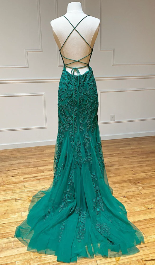 Vestidos de fiesta de sirena con encaje verde con espalda abierta, vestidos de noche formales de sirena con encaje verde sin espalda fg569