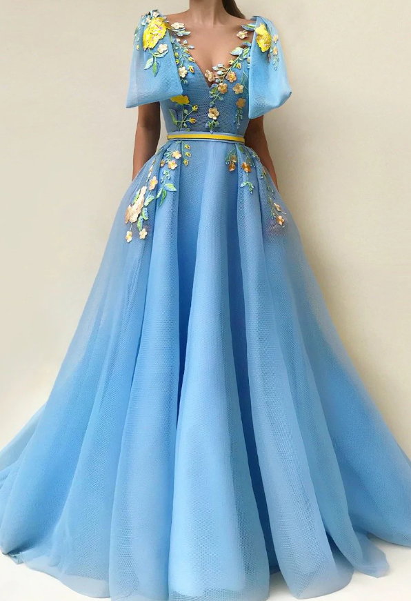 Hermosos vestidos de fiesta Línea A Hasta el suelo Sin mangas Bolsillos Bordado Largo Elegante Vestido de fiesta de tul fg576