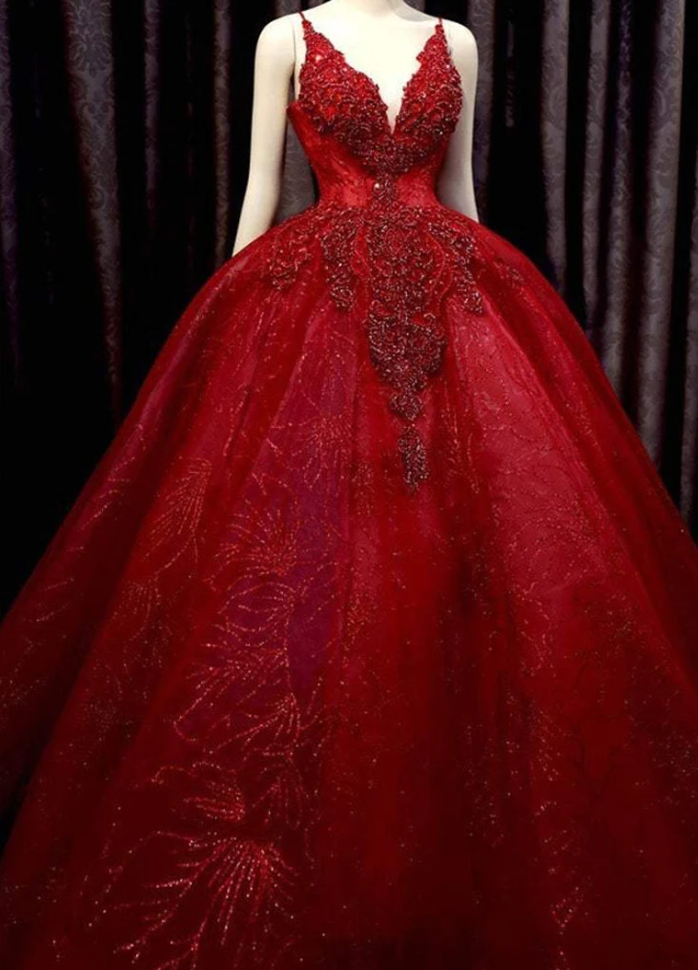 Deep red sparkle beaded thin strap V neck ball gown wedding dress with bow back fg777