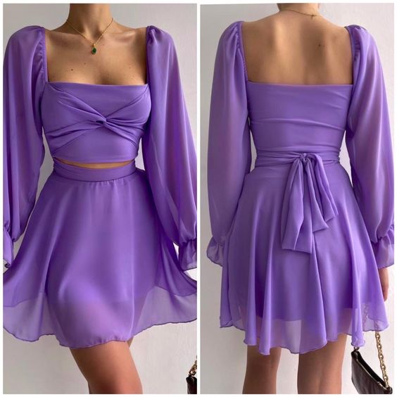 Purple Long Sleeve Short Prom Dress Homecoming Dresses fg870