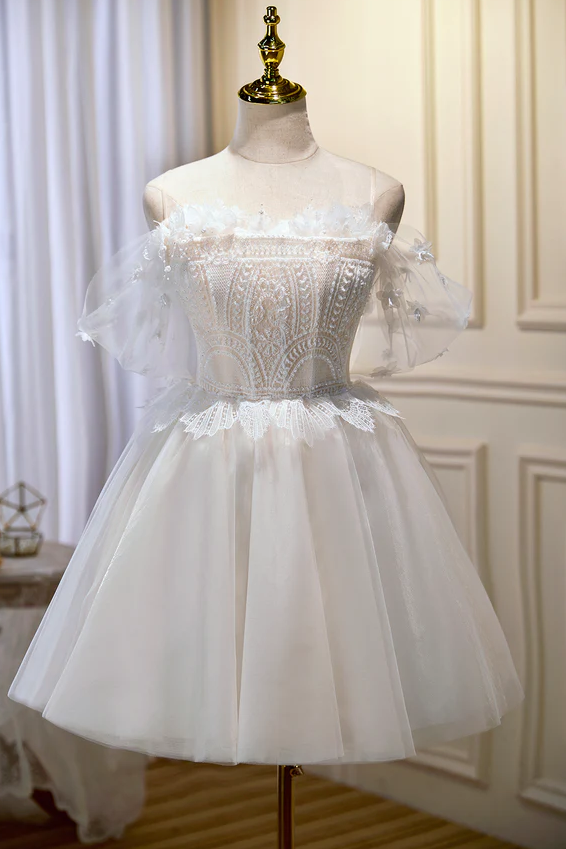 Vestido de fiesta corto de encaje de tul color champán, vestido de regreso a casa fg956