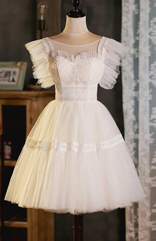 Vestido de fiesta corto de encaje color champán, vestido de regreso a casa fg961