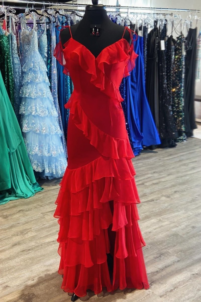 Hartlyn | Vestido de fiesta largo con volantes, corte sirena en rojo, hombros anudados y abertura