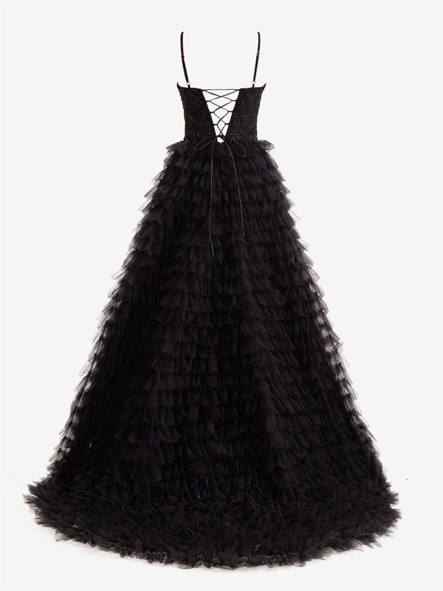 Jordan | Vestido de fiesta largo de tul con lentejuelas y corte en A