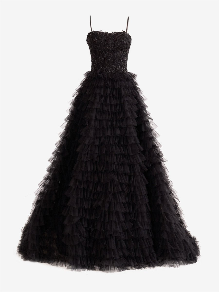 Jordan | Vestido de fiesta largo de tul con lentejuelas y corte en A