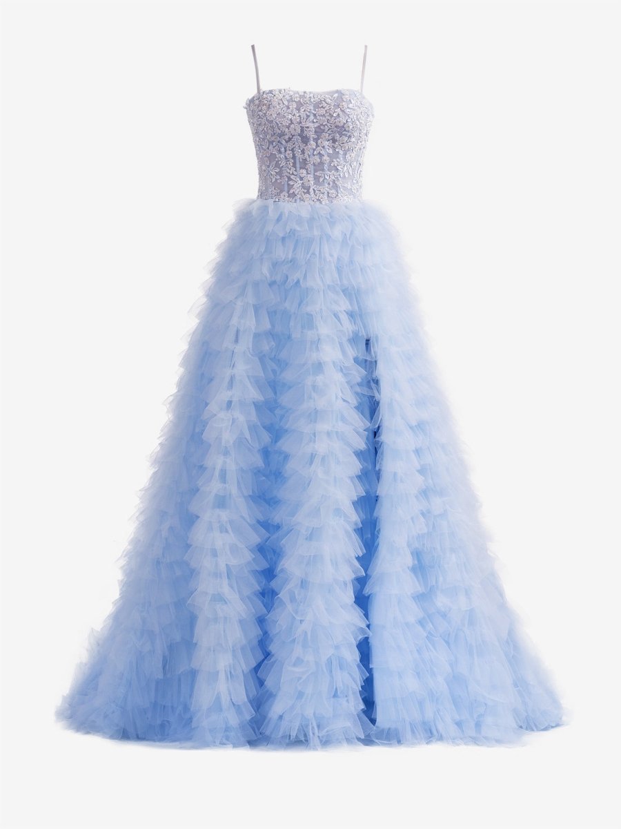 Jordan | Vestido de fiesta largo de tul con lentejuelas y corte en A