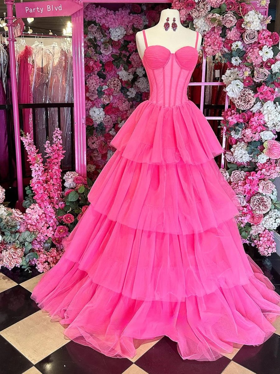 Lula | Vestido de fiesta largo de tul con capas y vestido de fiesta rosa intenso