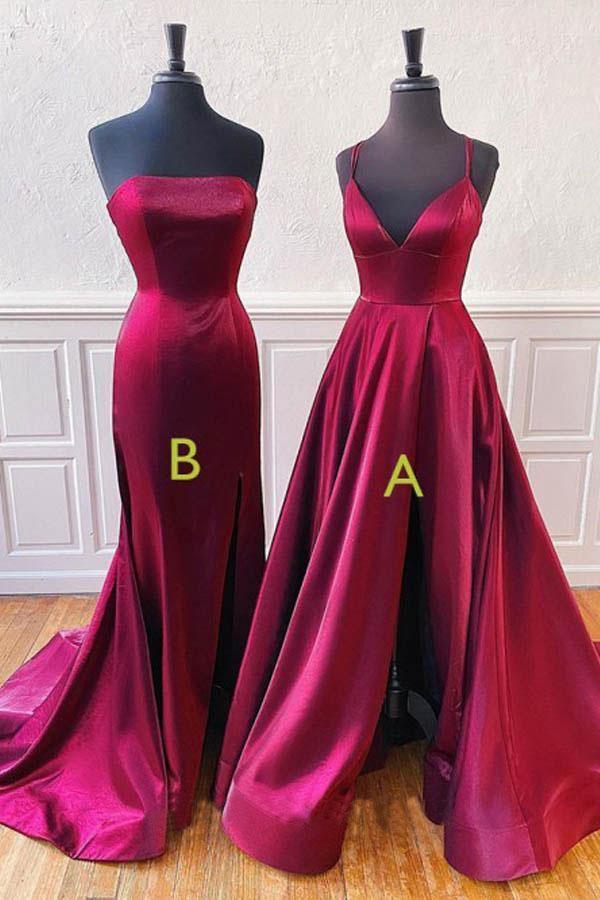 Strapless Split Burgundy Long Prom Dress With Sweep Train PSK123