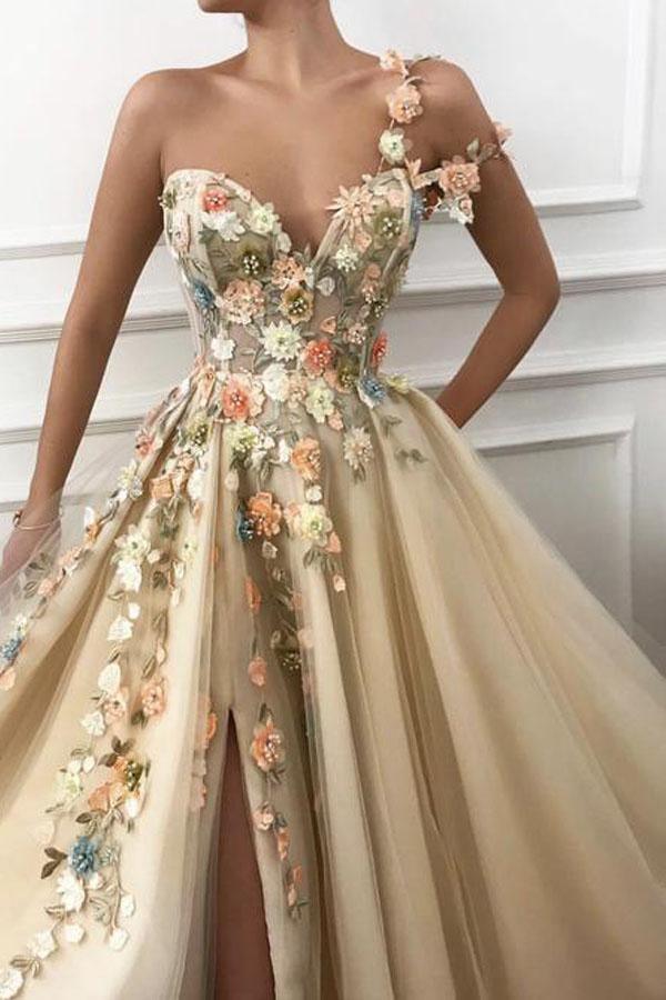 One Shoulder Sweetheart Tulle 3D FLower Prom Formal Dress With Split PG947