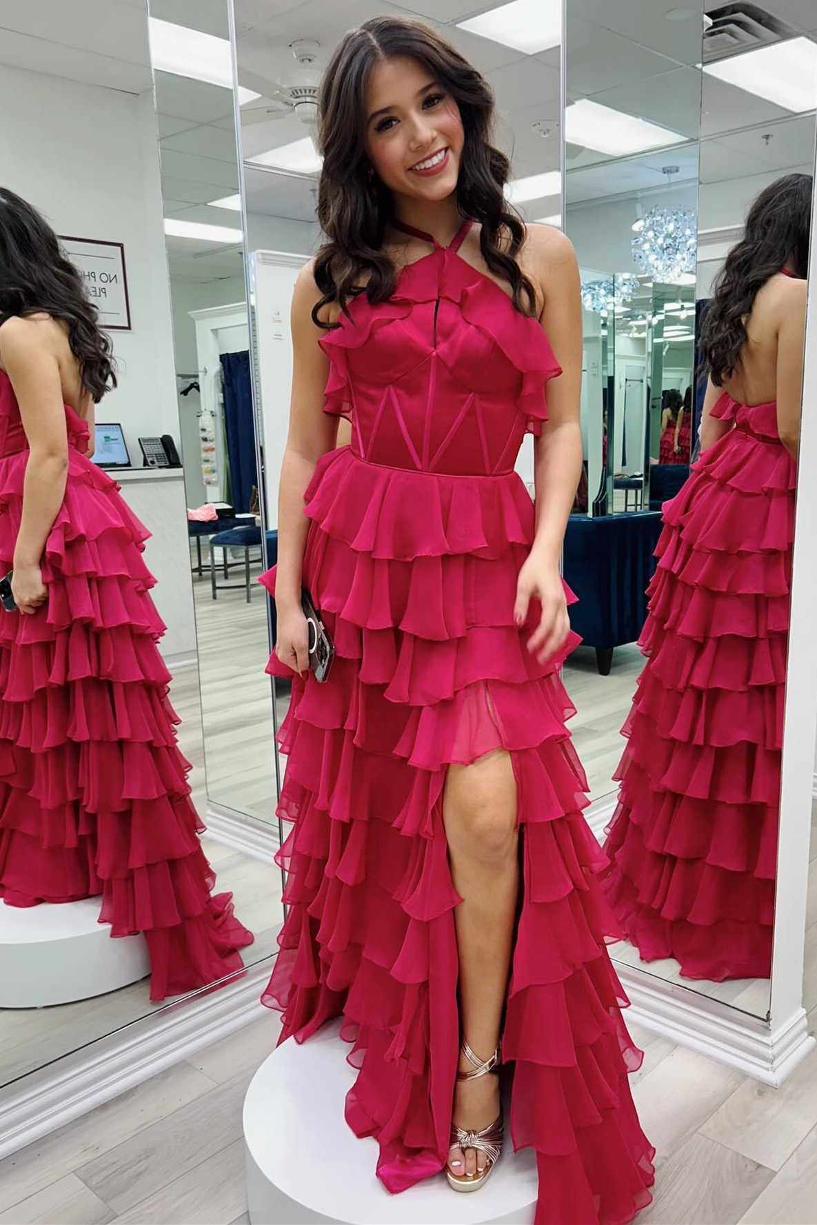 Vestido de fiesta con escote halter, escote en forma de cerradura, volantes y abertura