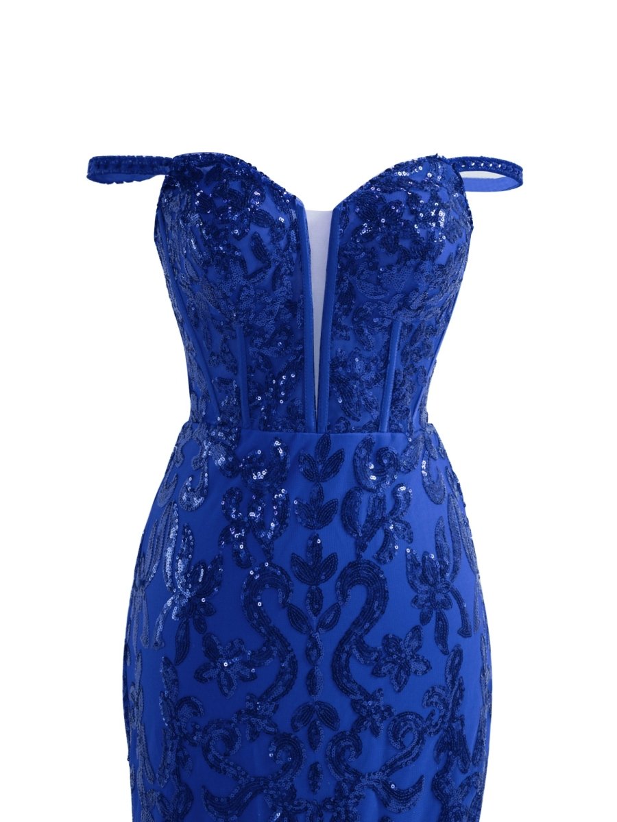 Erryn | Vestido de fiesta largo con lentejuelas y abertura en azul brillante