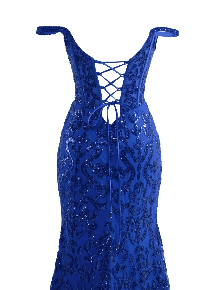 Erryn | Vestido de fiesta largo con lentejuelas y abertura en azul brillante
