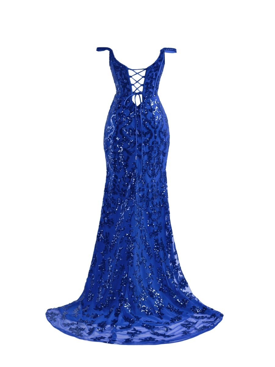 Erryn | Vestido de fiesta largo con lentejuelas y abertura en azul brillante