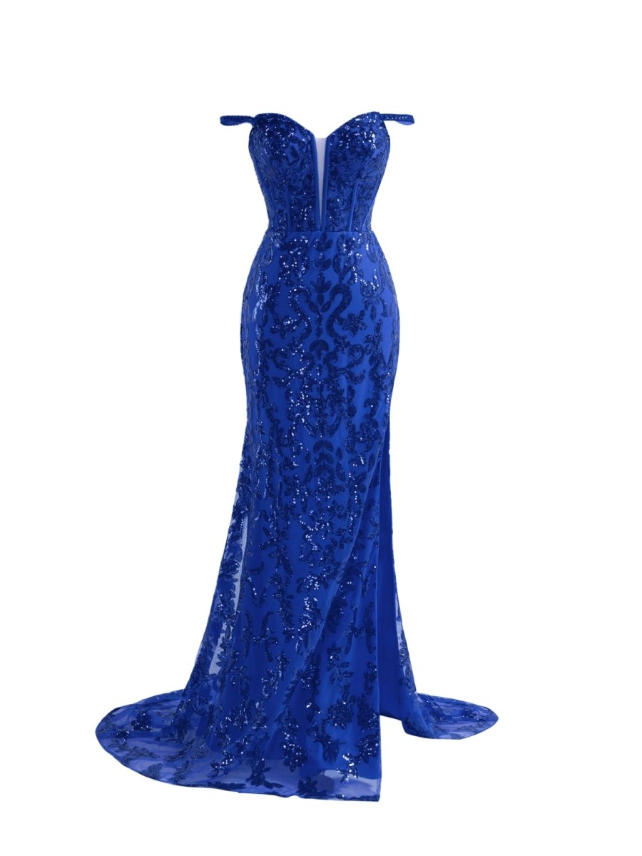 Erryn | Vestido de fiesta largo con lentejuelas y abertura en azul brillante