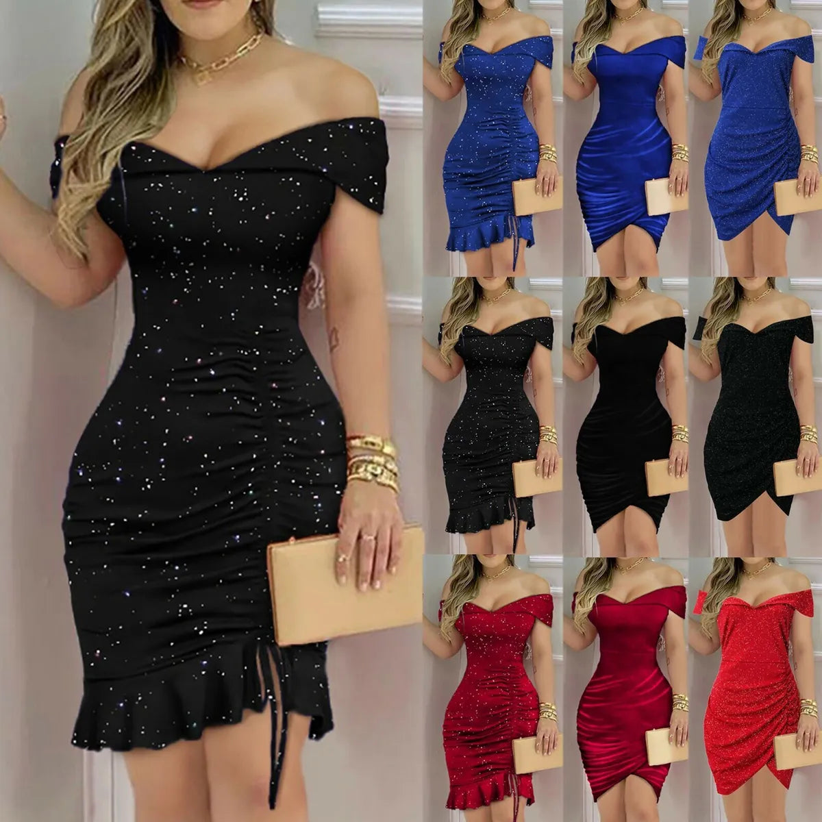 Vestido de fiesta ajustado con hombros descubiertos y volantes, vestido de fiesta corto