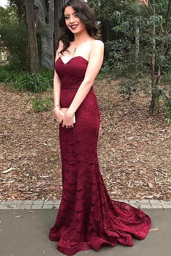 Sweetheart Mermaid Lace Burgundy Long Prom Dress PG347