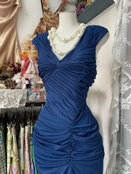Vestido de fiesta de noche con pliegues y corte sirena en azul marino fg7385