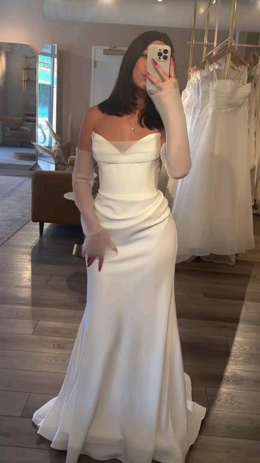 Vestido de novia largo de sirena sin tirantes blanco fg7314