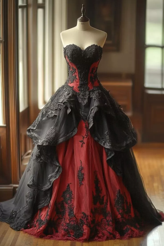 Vestido de noche con apliques de encaje y corsé negro y rojo fg7235