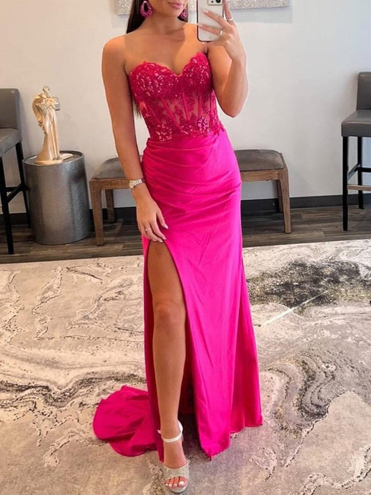 Ember | Vestido de fiesta largo con escote en forma de corazón, sin tirantes y abertura