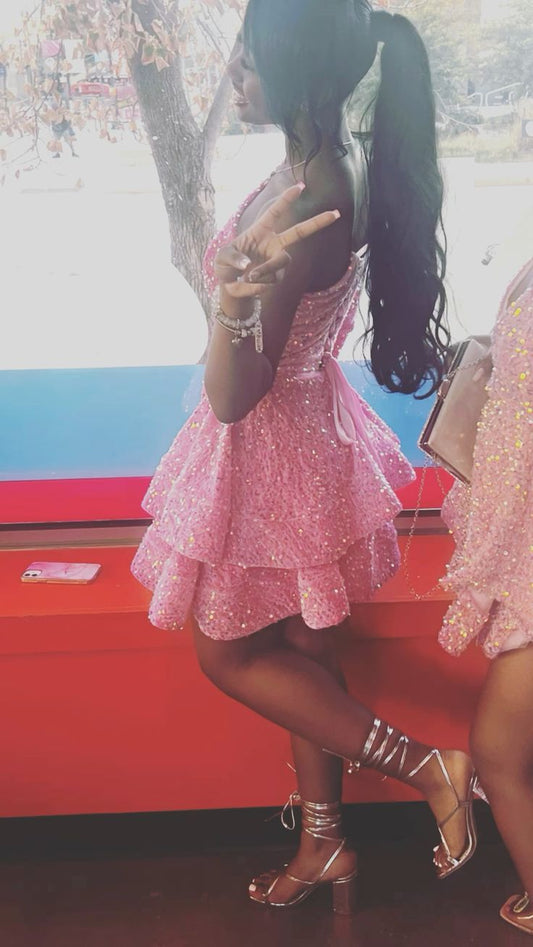 Vestido corto de fiesta con lentejuelas y escote en A en color rosa, para cumpleaños, fg7116
