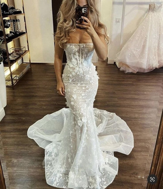 Encantadores vestidos de novia largos vintage de princesa sirena sin tirantes para playa, vestido de novia fg6958