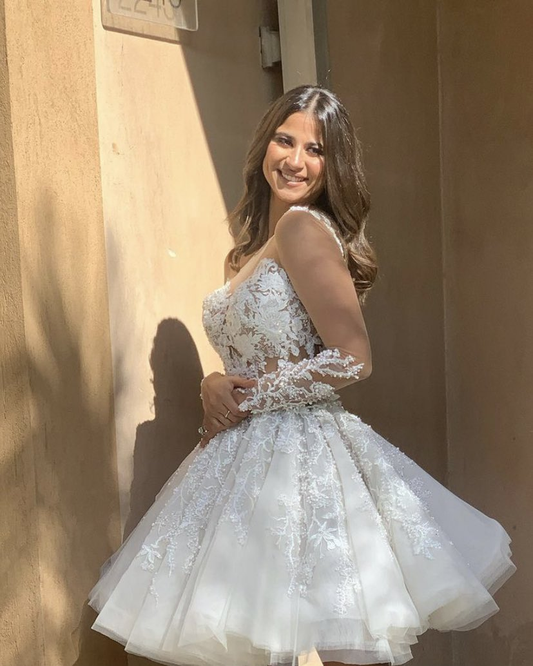 Vestido de novia corto exclusivo de corte A con apliques de encaje fg6599