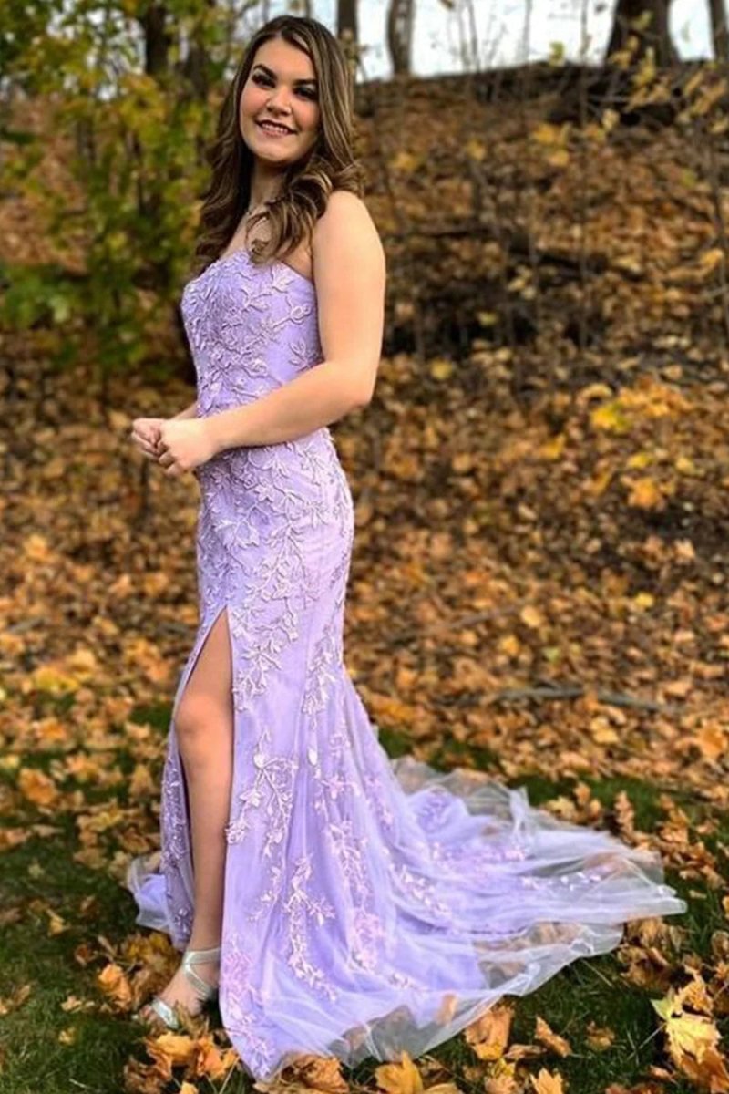 Camryn | Vestido de fiesta largo de encaje sin tirantes y corte sirena con abertura
