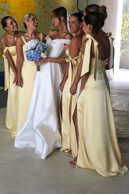 Cute Sheath Straps Yellow Satin Long Bridesmaid Dresses with Slit VK24111201