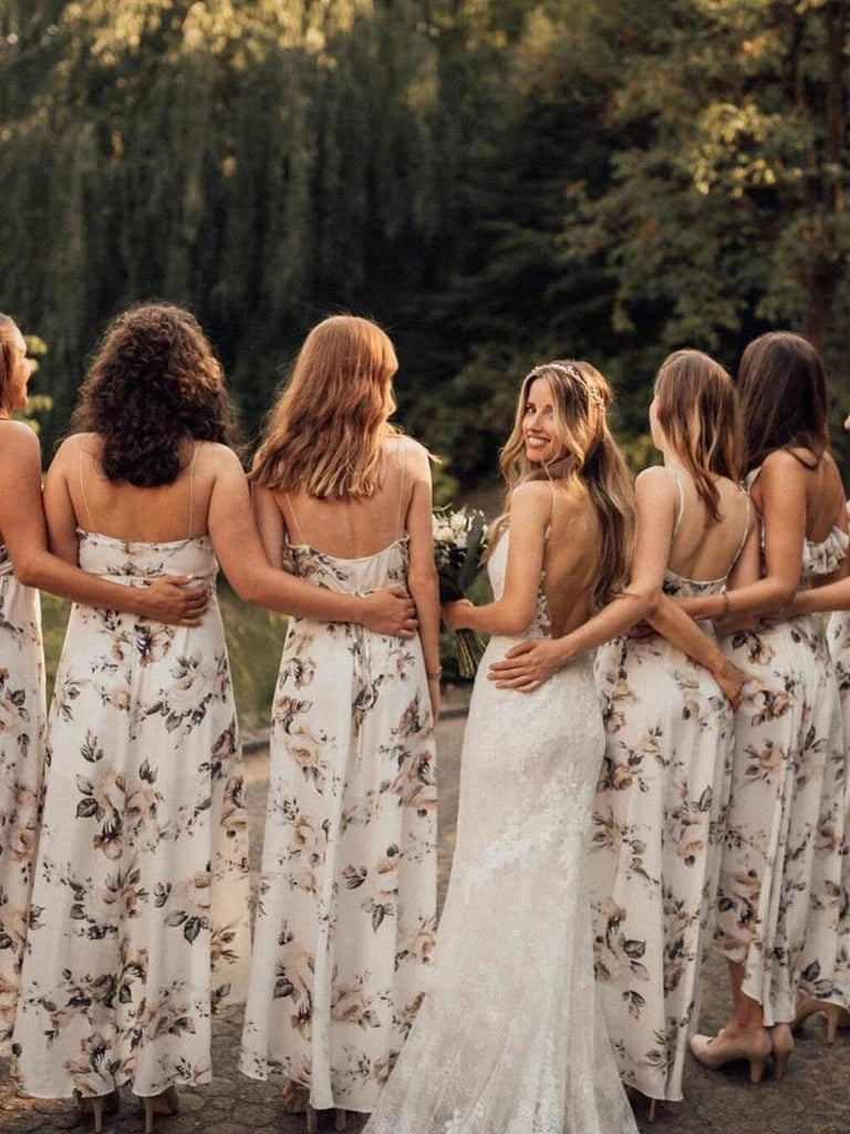 Charming Chiffon V-neck Floral Printed Bridesmaid Dresses With Slit VK0321006