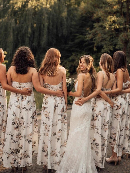 Charming Chiffon V-neck Floral Printed Bridesmaid Dresses With Slit VK0321006