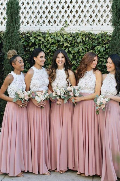 2 Piece Lace and Chiffon Long Beach Bridesmaid Dresses VK0427002
