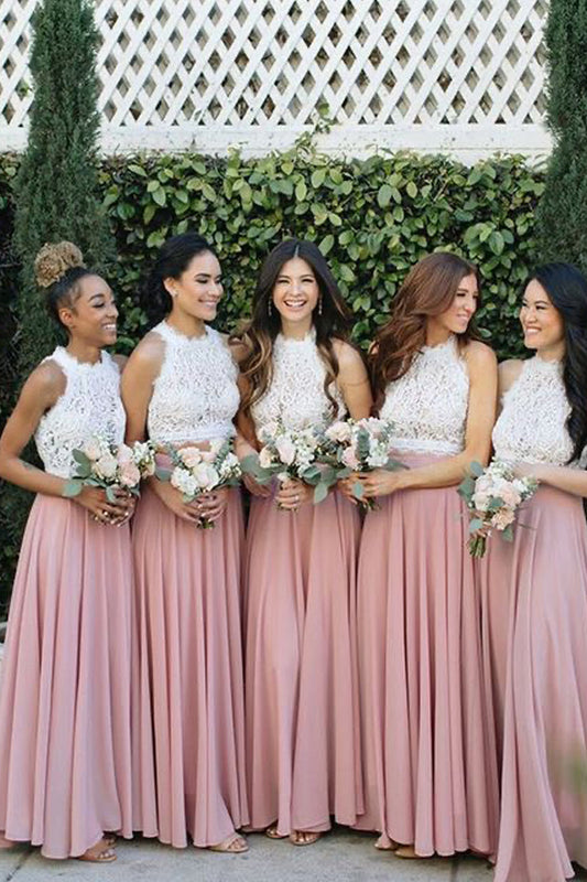 2 Piece Lace and Chiffon Long Beach Bridesmaid Dresses VK0427002