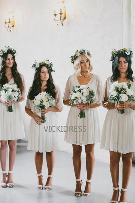 A-Line V-Neck Half Sleeves Above-Knee Ivory Bridesmaid Dress with Pleats VK0101025