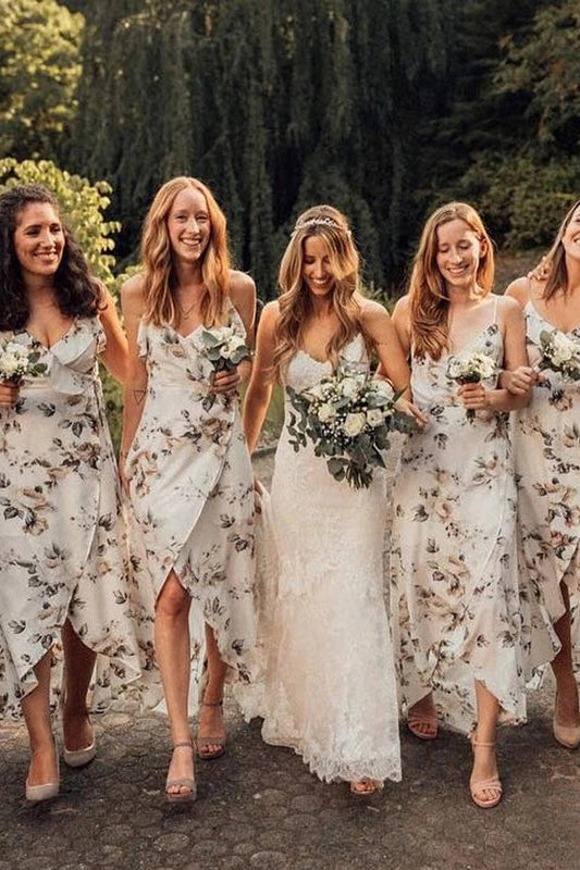 Charming Chiffon V-neck Floral Printed Bridesmaid Dresses With Slit VK0321006