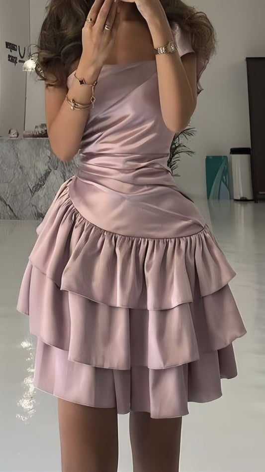 Vestido corto de satén rosa empolvado para la fiesta de bienvenida fg6857