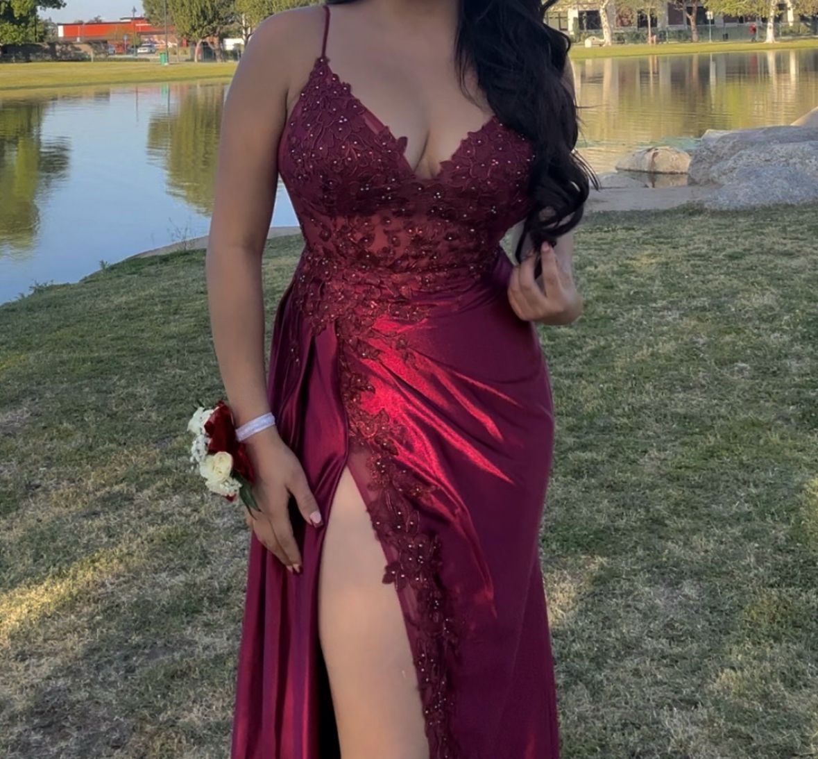 Vestido de fiesta rojo oscuro con abertura Vestidos de noche fg6925