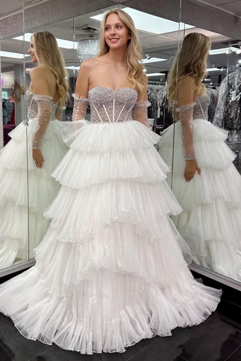 Lana | Vestido de fiesta de organza con escote en forma de A y mangas desmontables