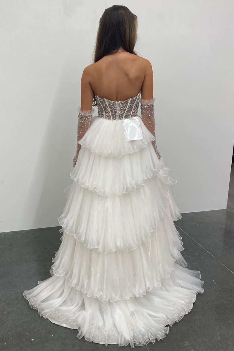 Lana | Vestido de fiesta de organza con escote en forma de A y mangas desmontables