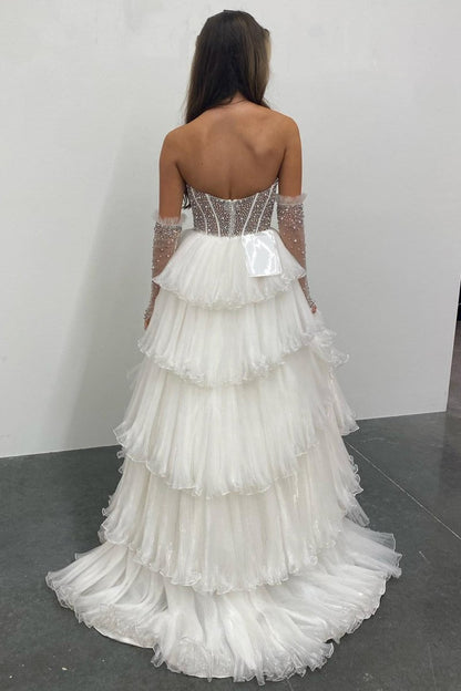 Lana | Vestido de fiesta de organza con escote en forma de A y mangas desmontables