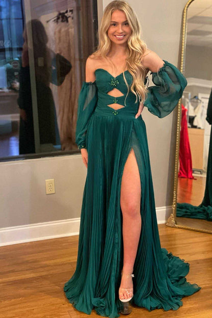 Ana | Vestido de fiesta sin tirantes, corte A y mangas con pedrería en color verde cazador