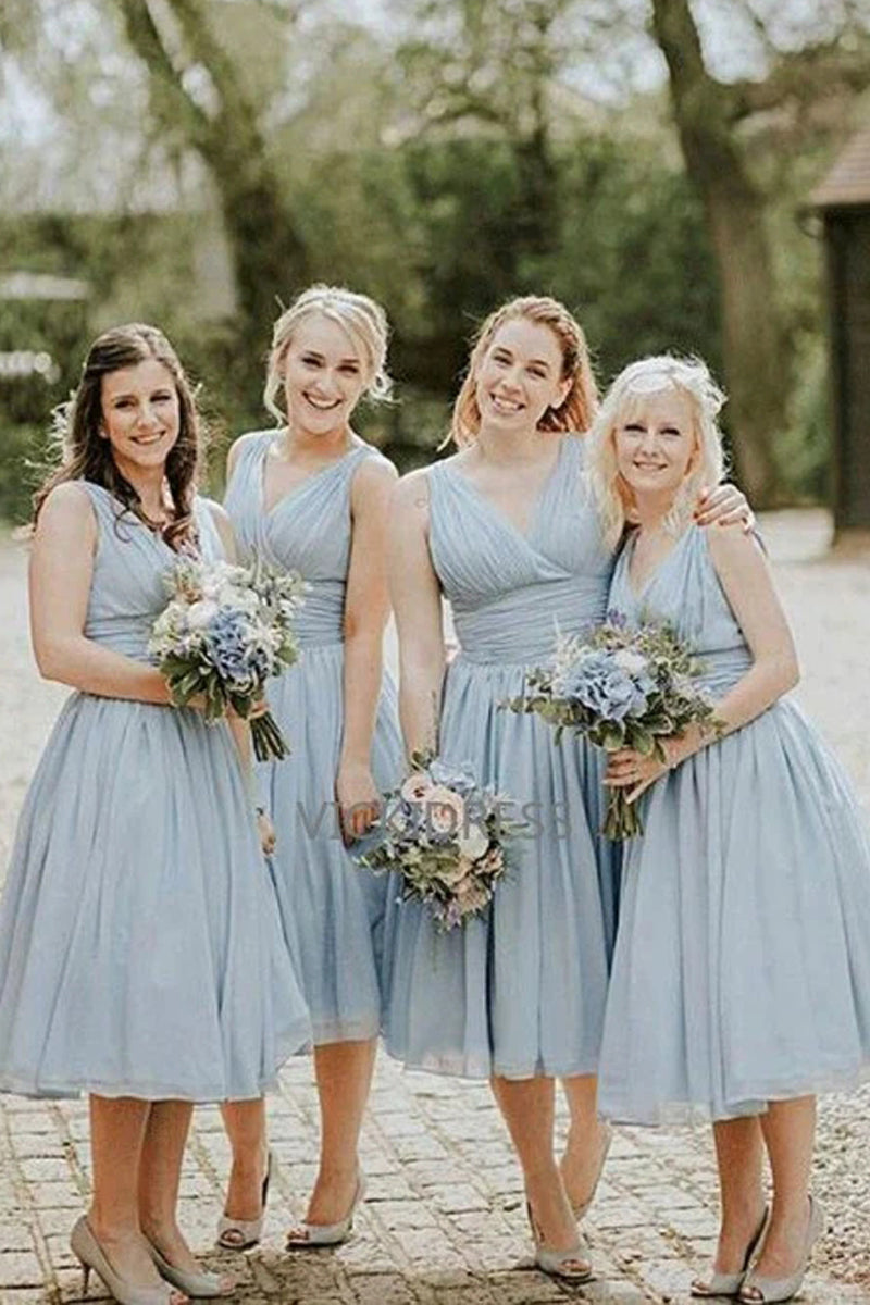 Chic V-neck Sleeveless Ruched Tea-Length Blue Bridesmaid Dress VK0101032