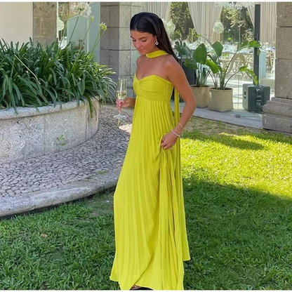 2025 nuevos vestidos plisados ​​sin tirantes para mujer, vestidos de fiesta de noche largos sexis sin mangas fg7421