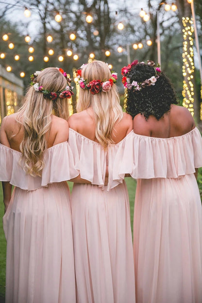 Off-the-shoulder Pastel Pink Ruffles Long Chiffon Bridesmaid Gowns,Floor-length Prom Dresses VK0116039