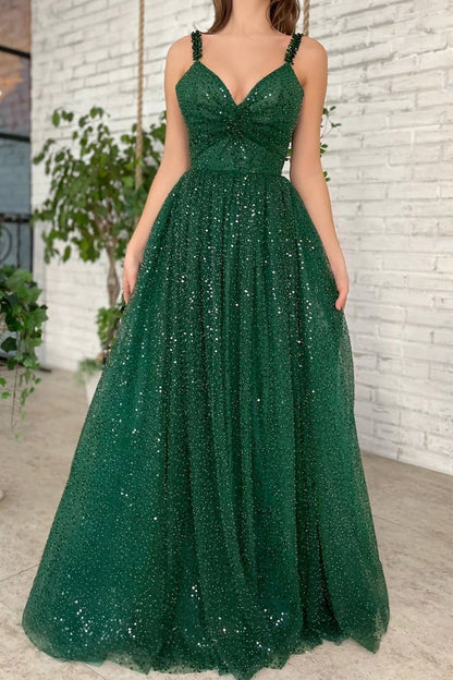 Freyja | Vestido de fiesta largo hasta el suelo con escote en V y corte A de tul brillante con lentejuelas y abalorios