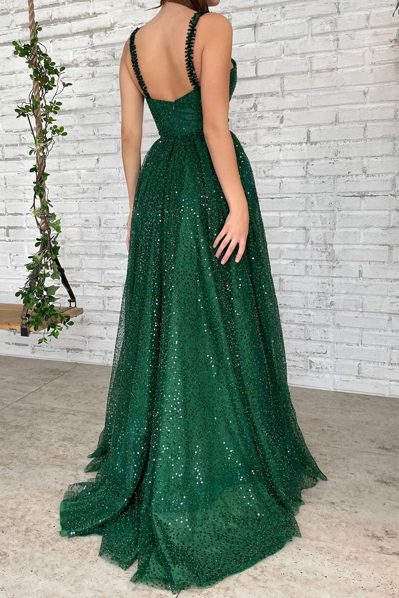 Freyja | Vestido de fiesta largo hasta el suelo con escote en V y corte A de tul brillante con lentejuelas y abalorios