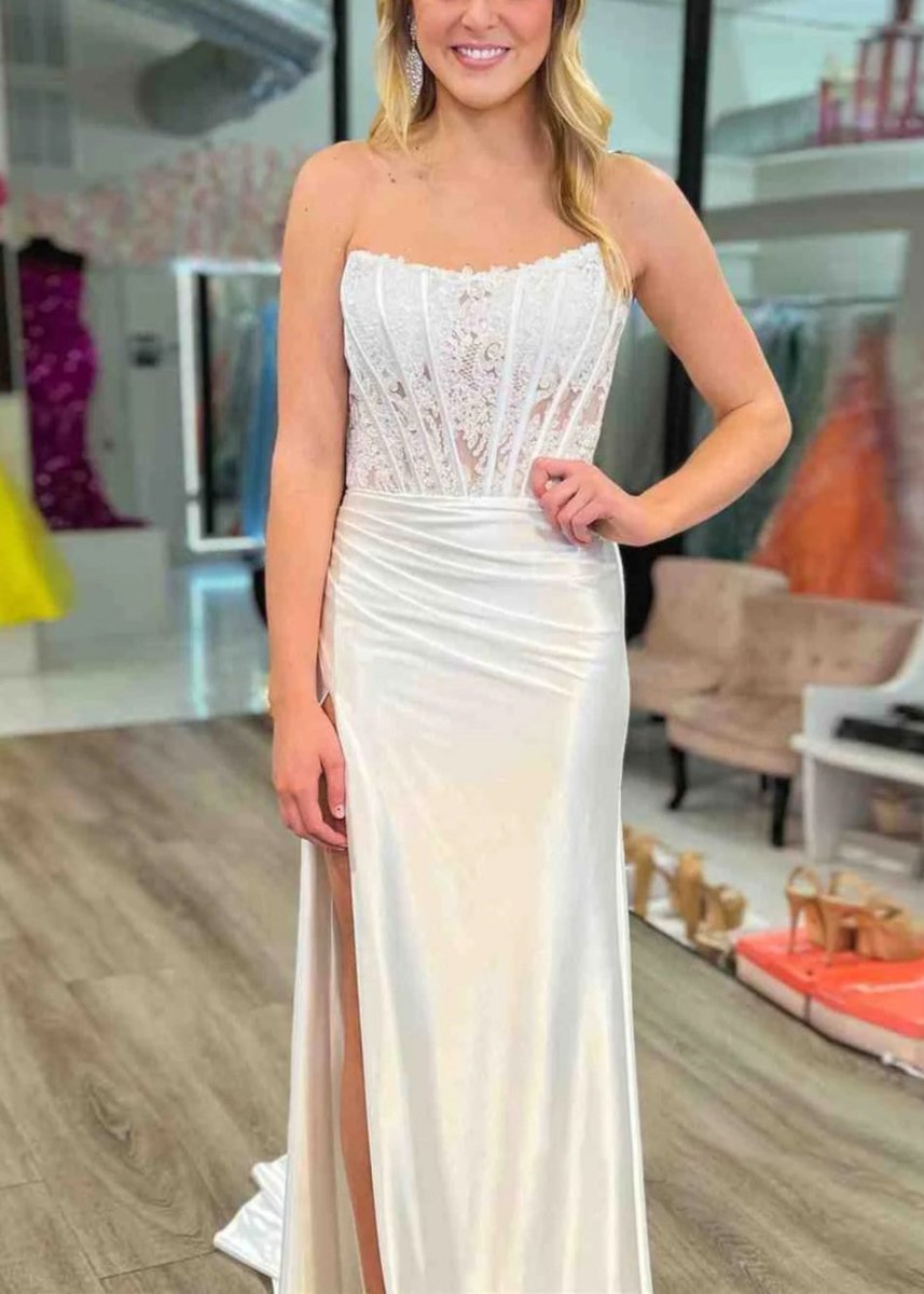 Arielle | Vestido de fiesta de satén con corsé, sin tirantes y abertura