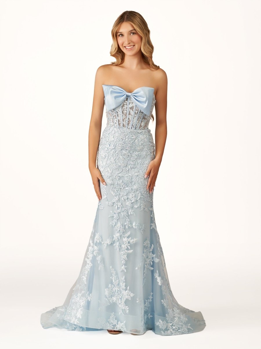 Arvin | Strapless Red Mermaid Lace Appliques Long Prom Dress with Bow
